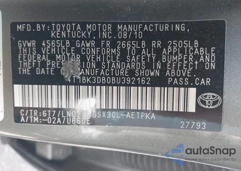 2011 Toyota Avalon Limited from USA, damaged, VIN 4T1BK3DB0BU392162